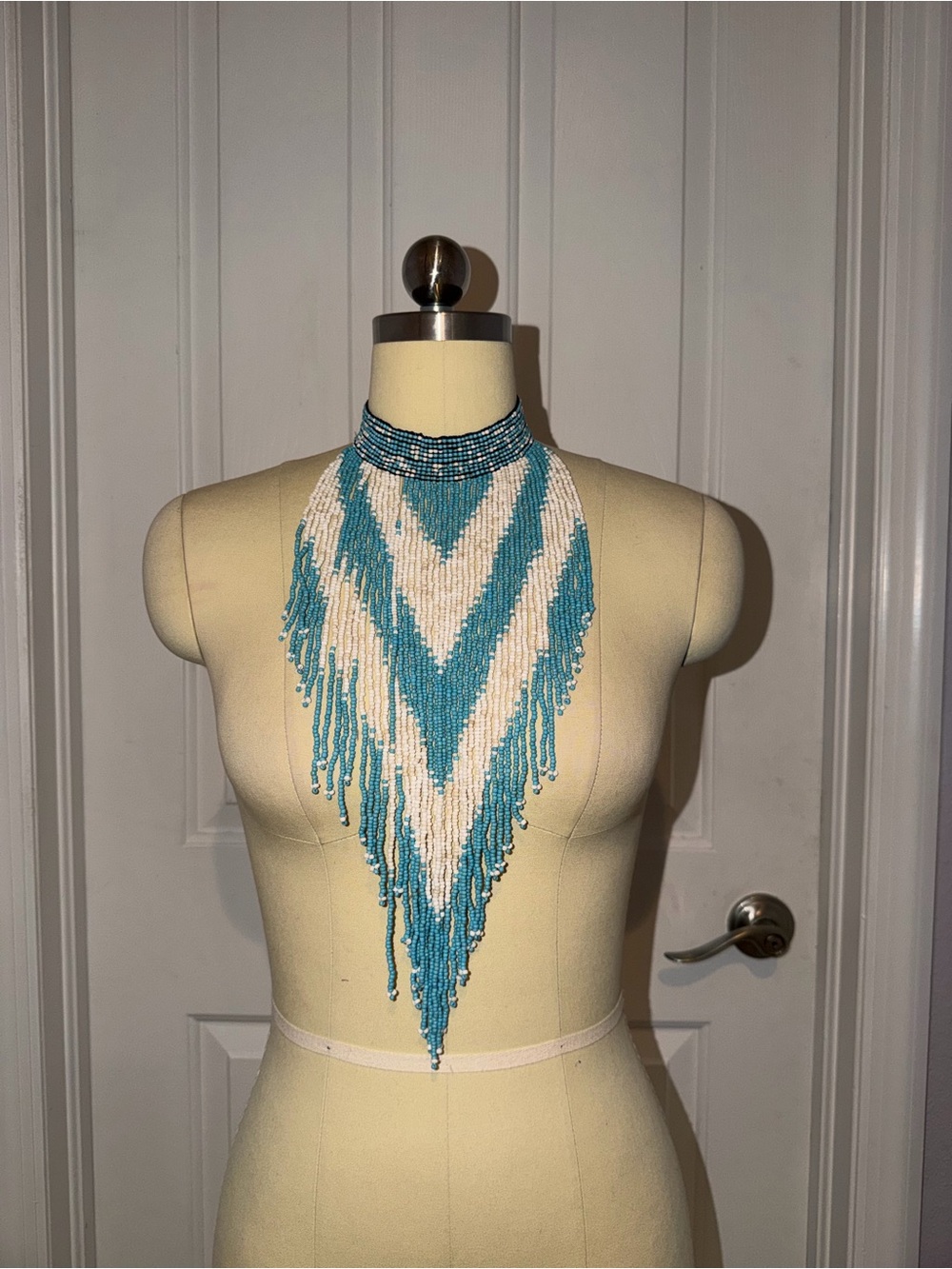Handmade Beaded Fringe Necklace - Turquoise & White